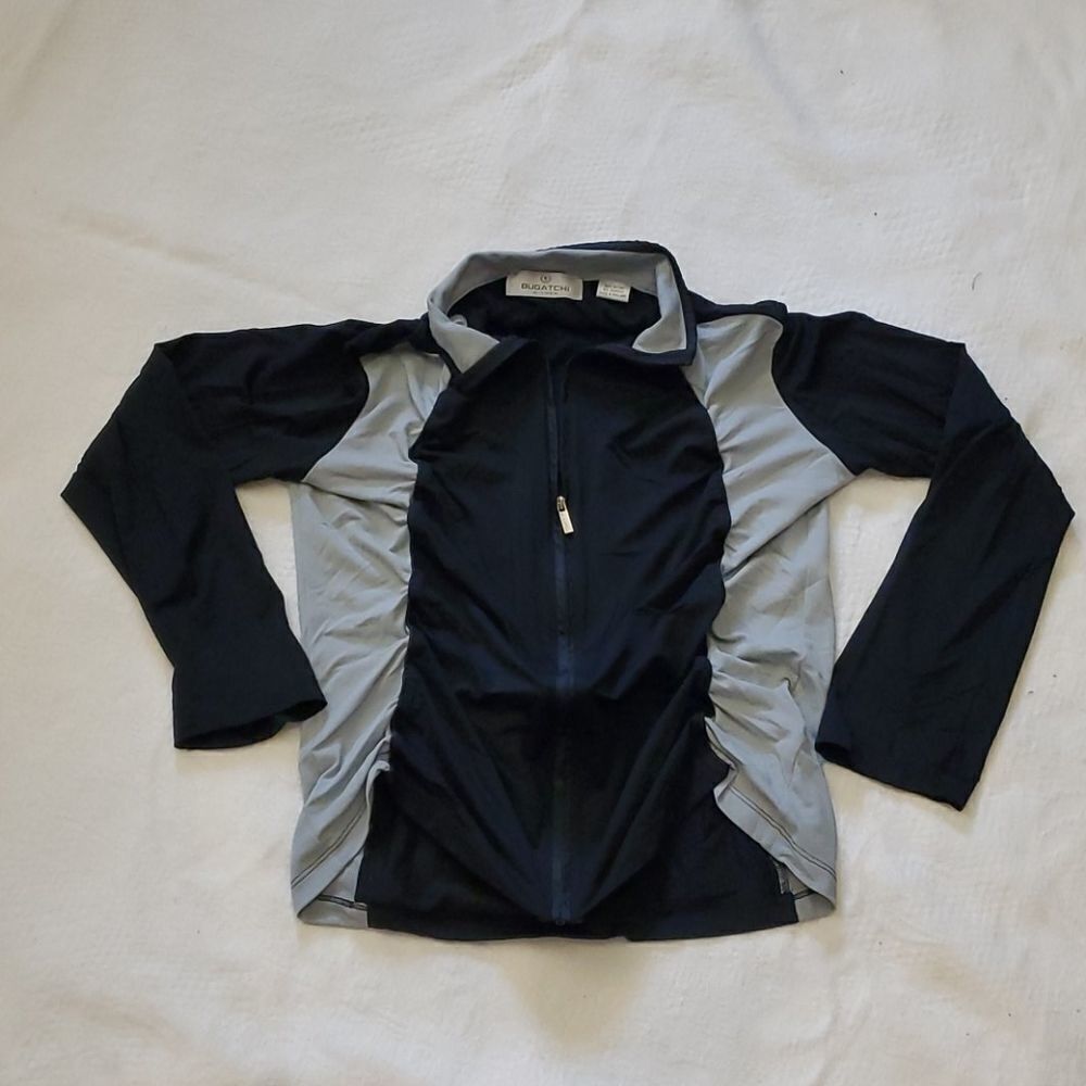 Bugatchi Women Zip Athletic Jacket Medium Gray Black Zip Ruching